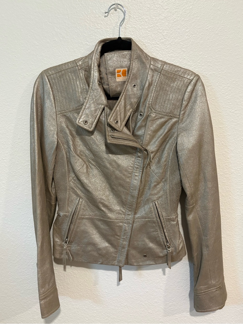 BOSS ORANGE Metallic Silver Leather Moto Jacket